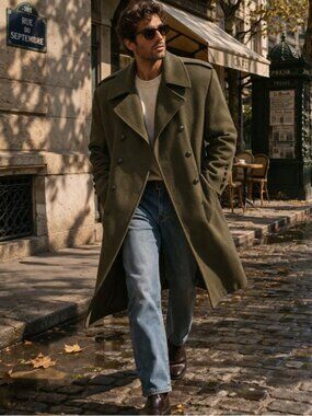 Vintage Mens 60s 70s Military Trench Olive Green Long Coat Double Breasted Wool
